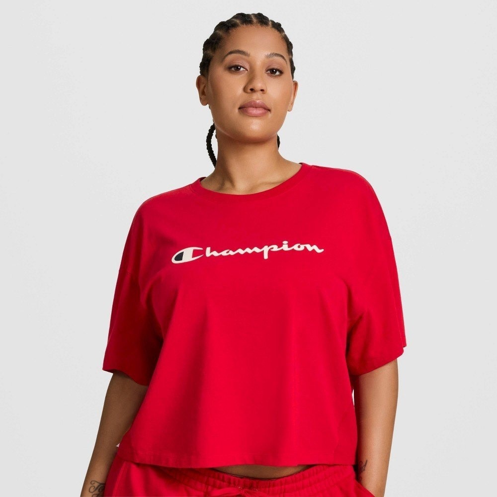 Champion Heritage Women Red Cropped Script Logo T-Shirt 3X Boxy Fit Cotton Tee